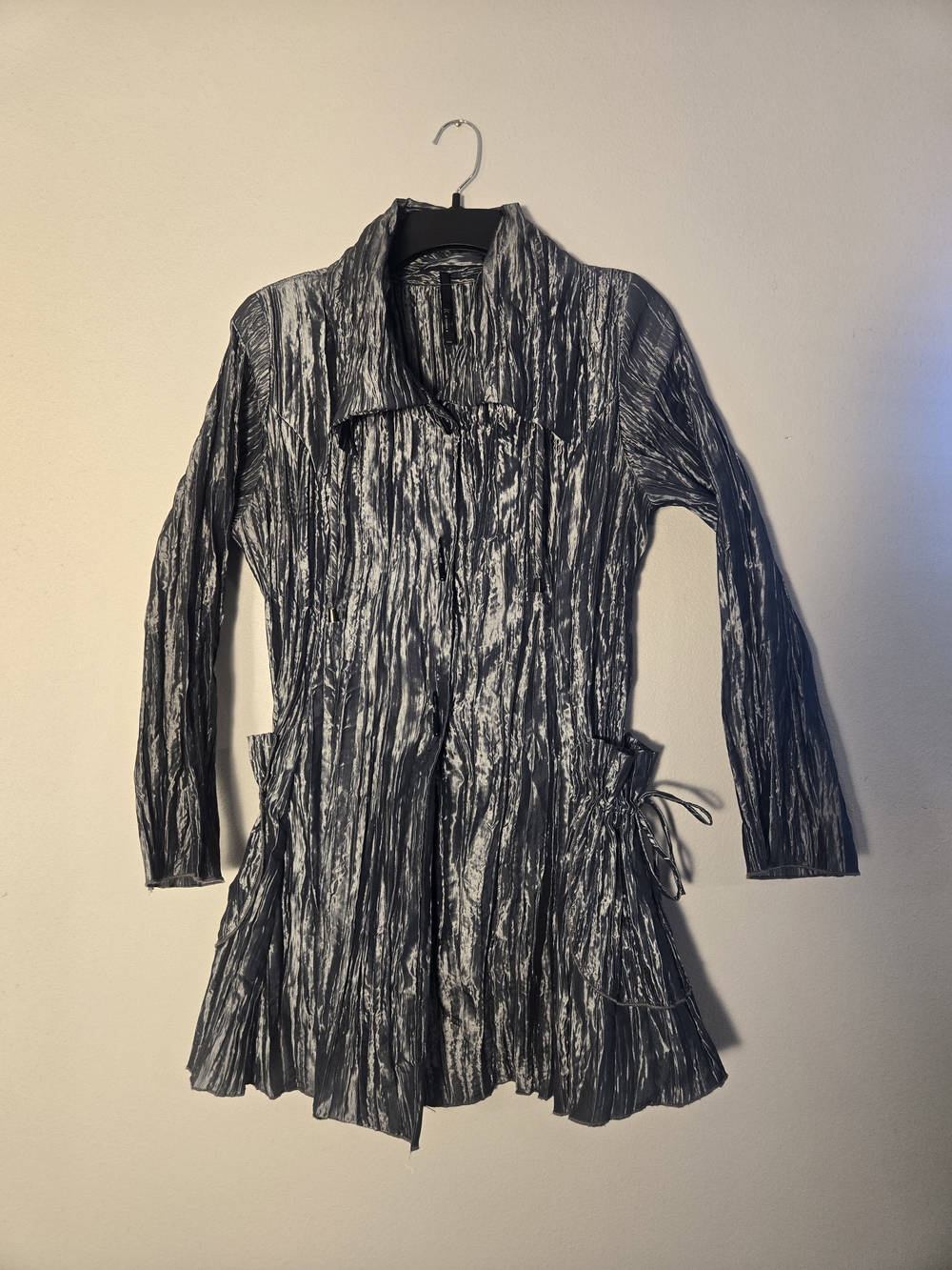 Textured Silver & Gray Crinkled Trench Coat